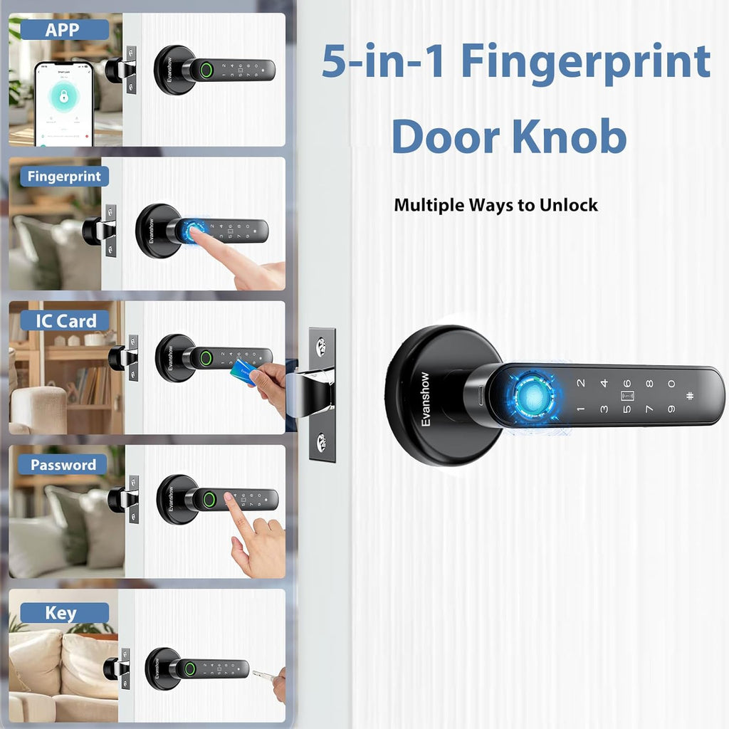 Fingerprint Door Lock Biometric Door Knob with Keypad Keyless Entry, 5-in-1 Door Locks for Bedrooms(Fingerprint/App/Code/Key/IC Card), Home Hotel Office Apartment