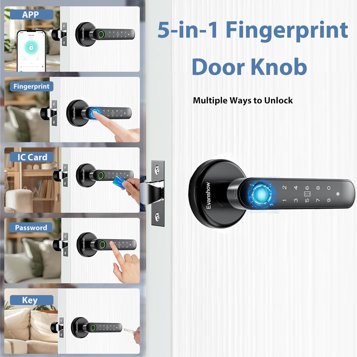 Fingerprint Door Lock Biometric Door Knob with Keypad Keyless Entry, 5-in-1 Door Locks for Bedrooms(Fingerprint/App/Code/Key/IC Card), Home Hotel Office Apartment