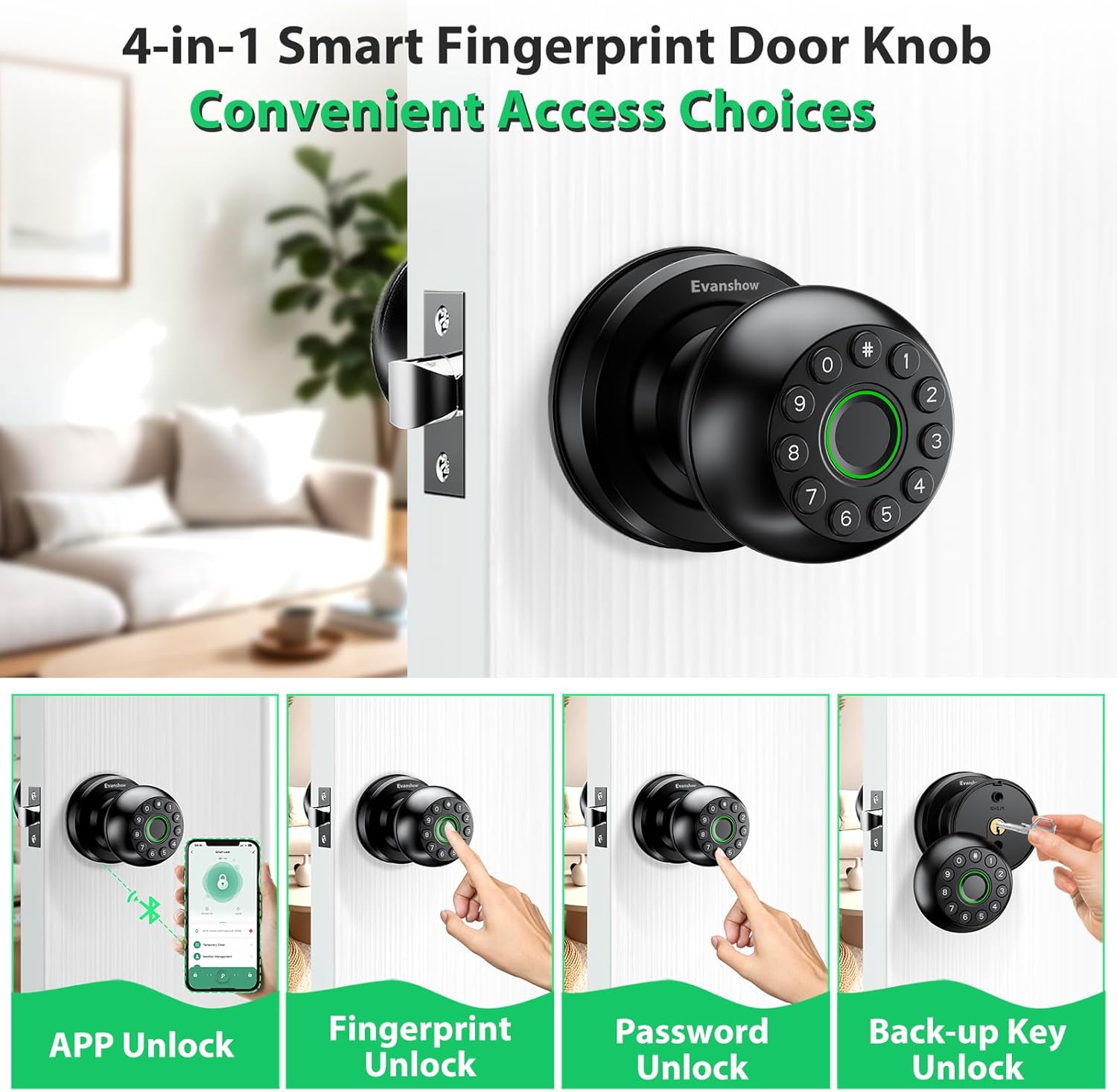 Smart Door Knob Fingerprint Lock 4-in-1 Keyless Entry (Fingerprint/App/Code/Key) Biometric Door with Auto-Lock Easy Install for Home/Bedroom/Office