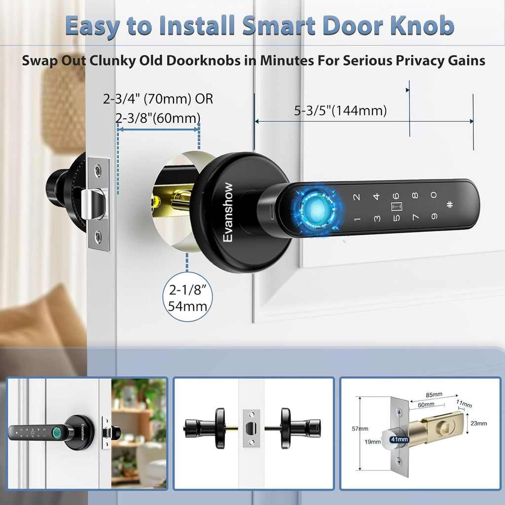 Fingerprint Door Lock Biometric Door Knob with Keypad Keyless Entry, 5-in-1 Door Locks for Bedrooms(Fingerprint/App/Code/Key/IC Card), Home Hotel Office Apartment