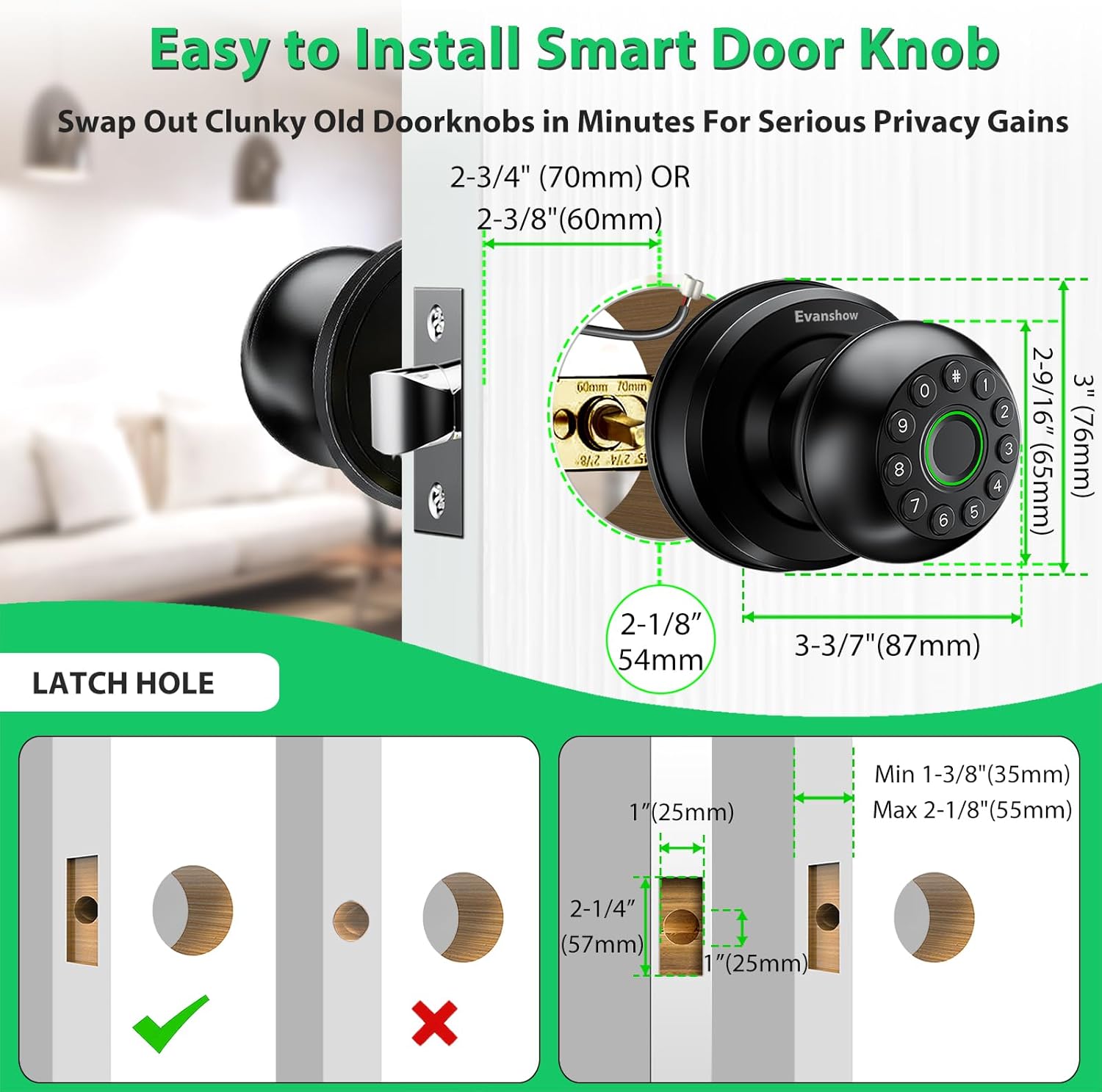 Smart Door Knob Fingerprint Lock 4-in-1 Keyless Entry (Fingerprint/App/Code/Key) Biometric Door with Auto-Lock Easy Install for Home/Bedroom/Office
