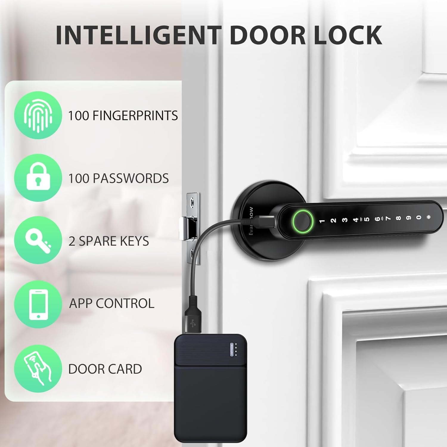 Evanshow Smart Door Lock with Knob, Keyless Entry Door Locks with Handle, Fingerprint Door Knob for Bedroom/Front Door/Apartment,Generate Passcode Remotely