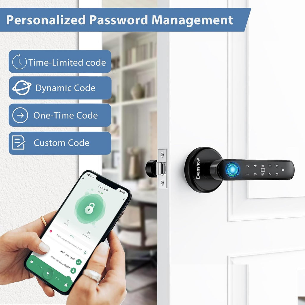 Fingerprint Door Lock Biometric Door Knob with Keypad Keyless Entry, 5-in-1 Door Locks for Bedrooms(Fingerprint/App/Code/Key/IC Card), Home Hotel Office Apartment
