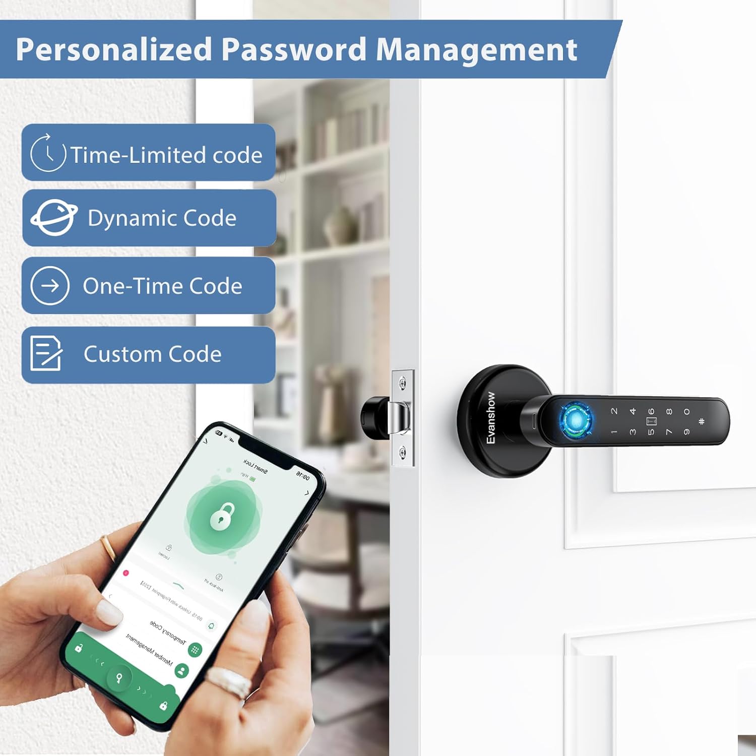 Fingerprint Door Lock Biometric Door Knob with Keypad Keyless Entry, 5-in-1 Door Locks for Bedrooms(Fingerprint/App/Code/Key/IC Card), Home Hotel Office Apartment