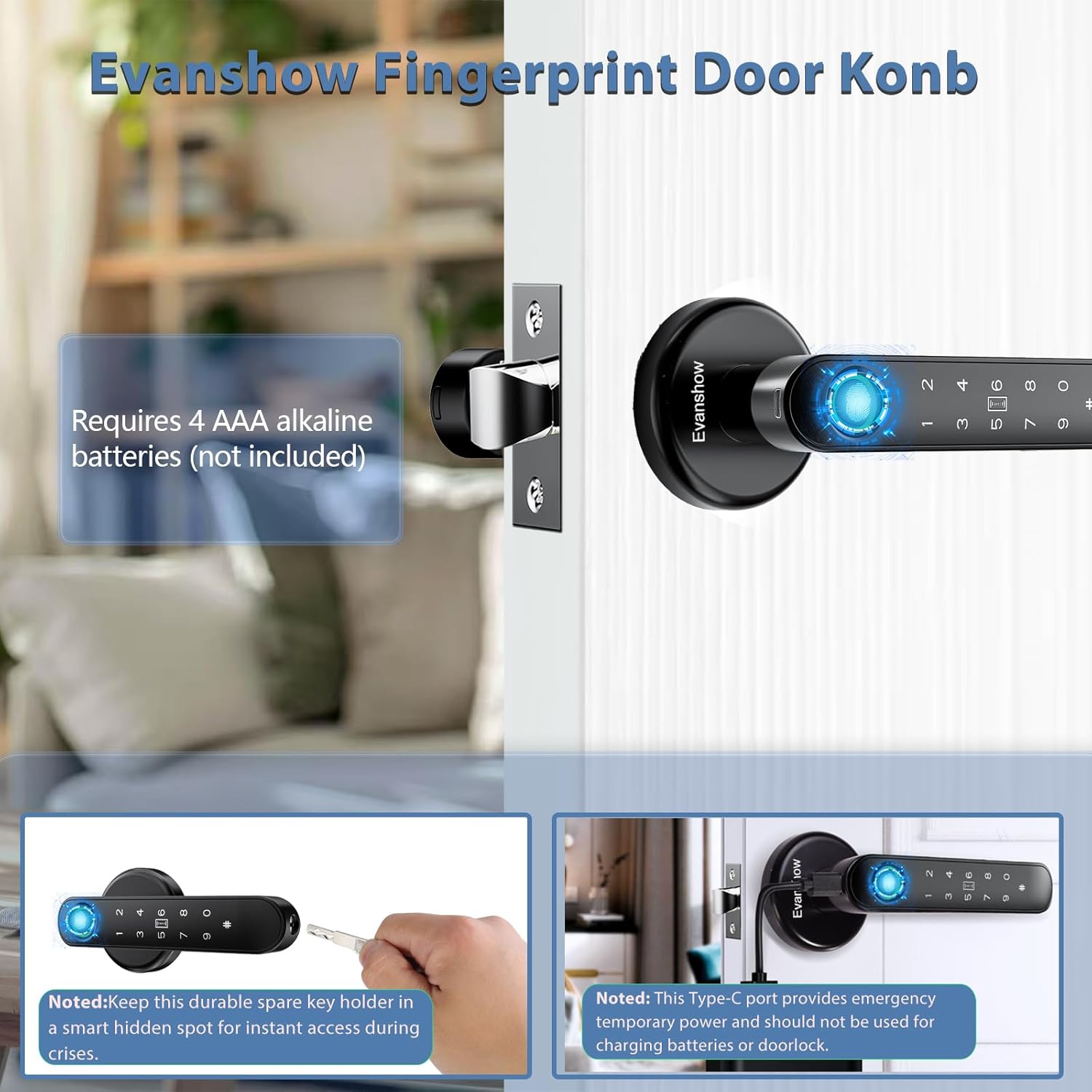 Fingerprint Door Lock Biometric Door Knob with Keypad Keyless Entry, 5-in-1 Door Locks for Bedrooms(Fingerprint/App/Code/Key/IC Card), Home Hotel Office Apartment