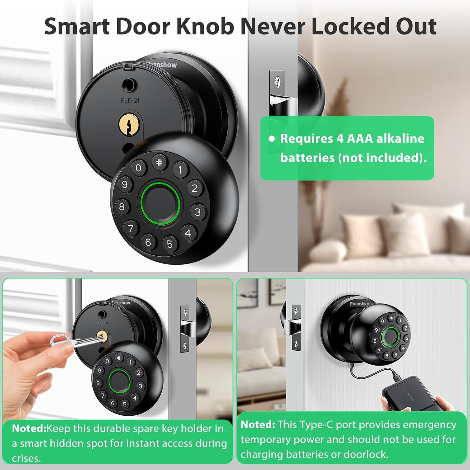 Smart Door Knob Fingerprint Lock 4-in-1 Keyless Entry (Fingerprint/App/Code/Key) Biometric Door with Auto-Lock Easy Install for Home/Bedroom/Office