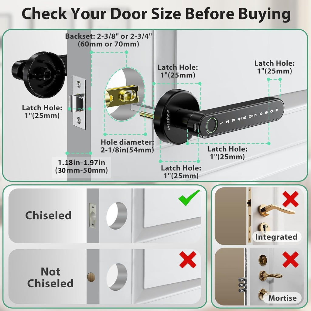 Evanshow Smart Door Lock with Knob, Keyless Entry Door Locks with Handle, Fingerprint Door Knob for Bedroom/Front Door/Apartment,Generate Passcode Remotely