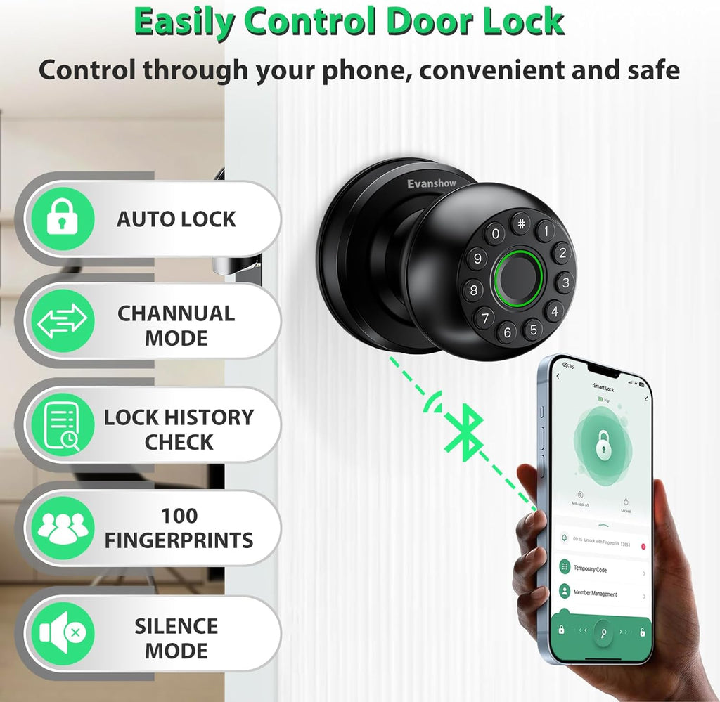 Smart Door Knob Fingerprint Lock 4-in-1 Keyless Entry (Fingerprint/App/Code/Key) Biometric Door with Auto-Lock Easy Install for Home/Bedroom/Office